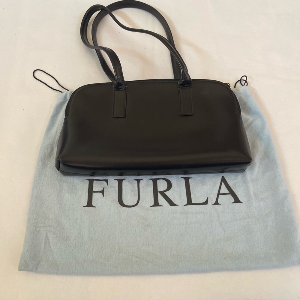 Vintage Furla Black Leather Shoulder Satchel Bag